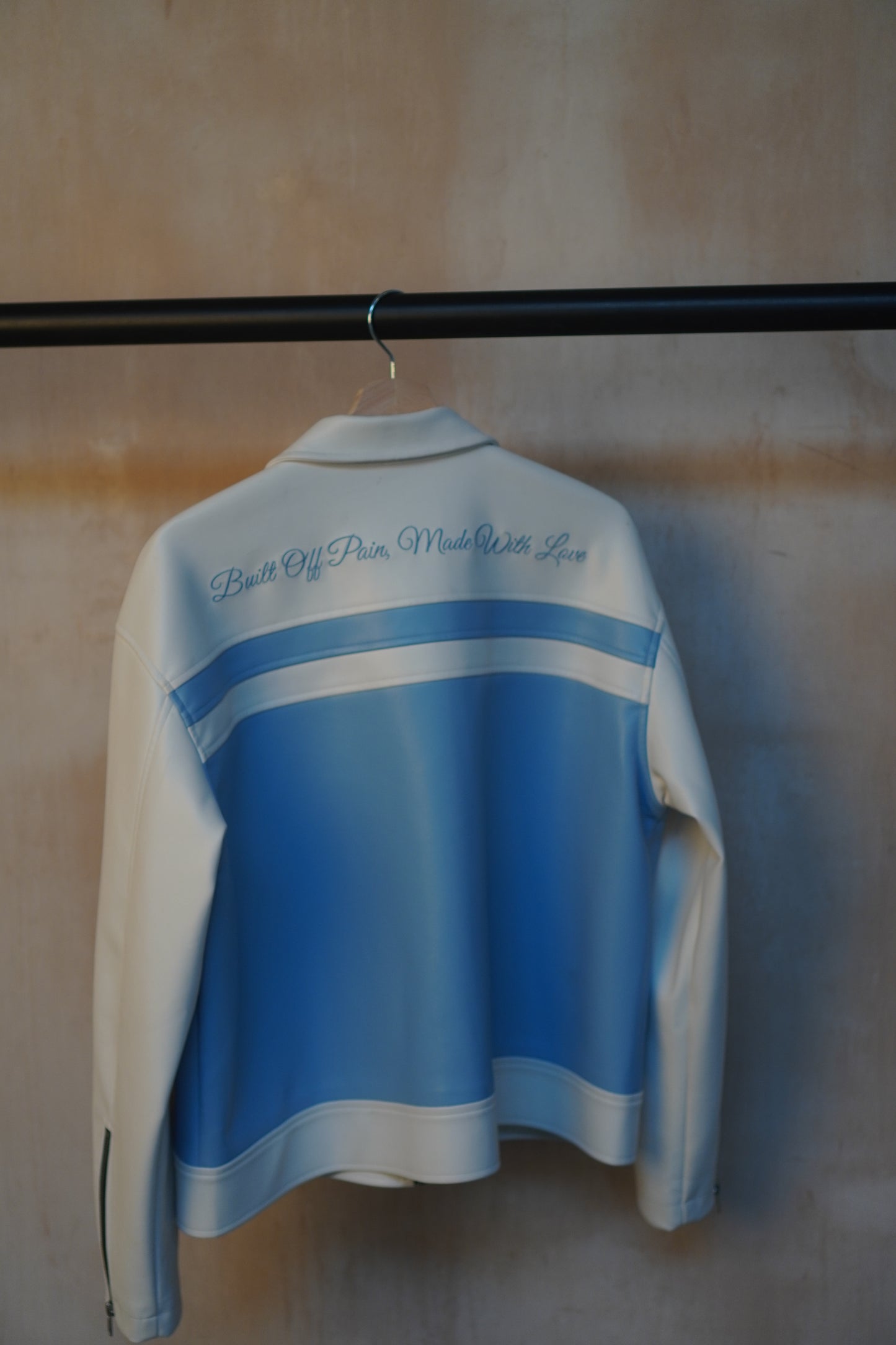 WHITE/ SKY BLUE LEATHER JACKET