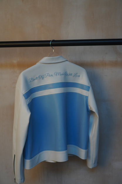 WHITE/ SKY BLUE LEATHER JACKET