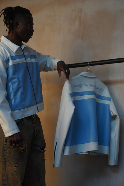 WHITE/ SKY BLUE LEATHER JACKET