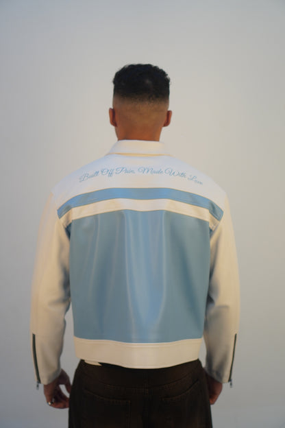 WHITE/ SKY BLUE LEATHER JACKET