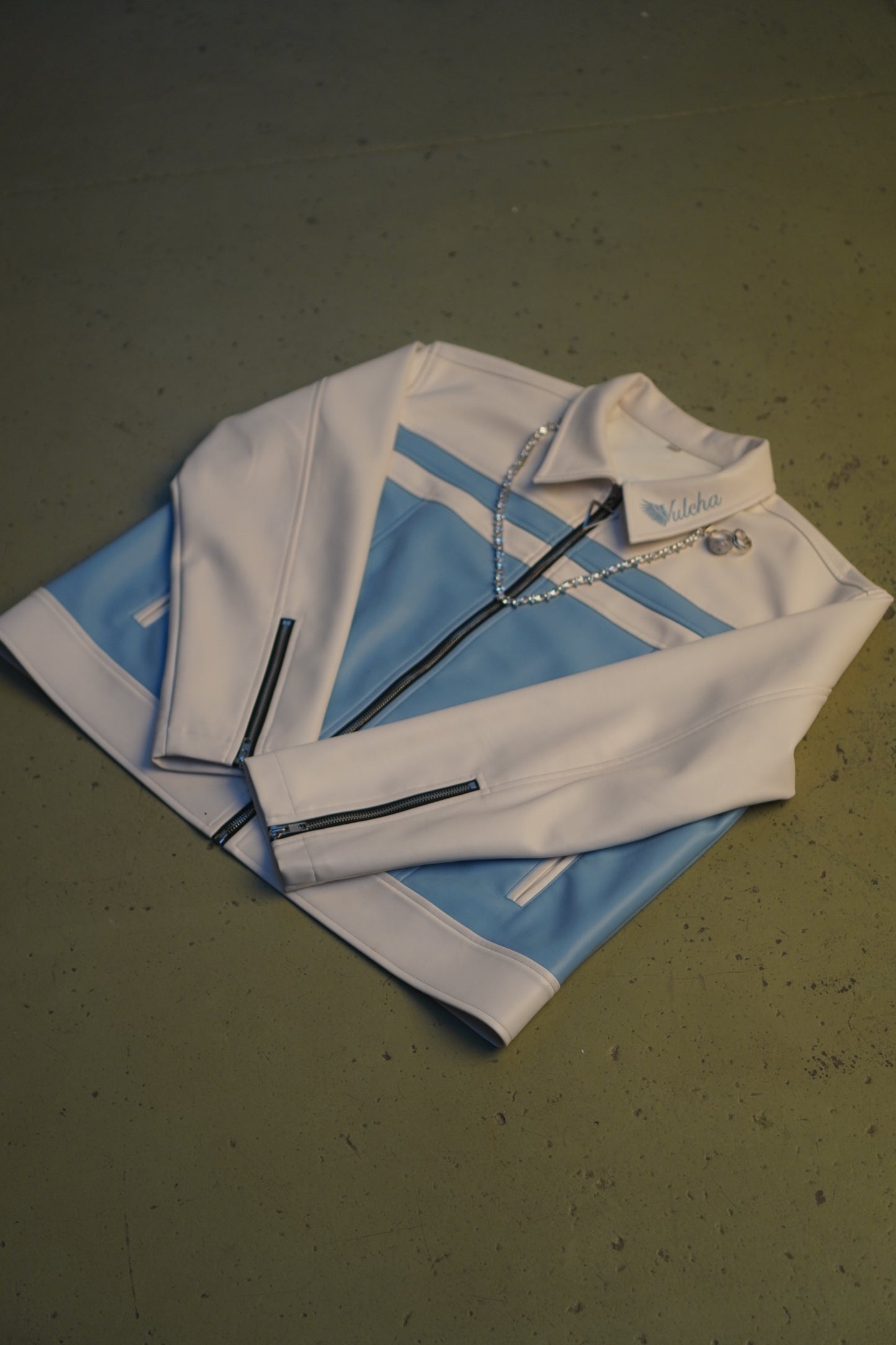 WHITE/ SKY BLUE LEATHER JACKET